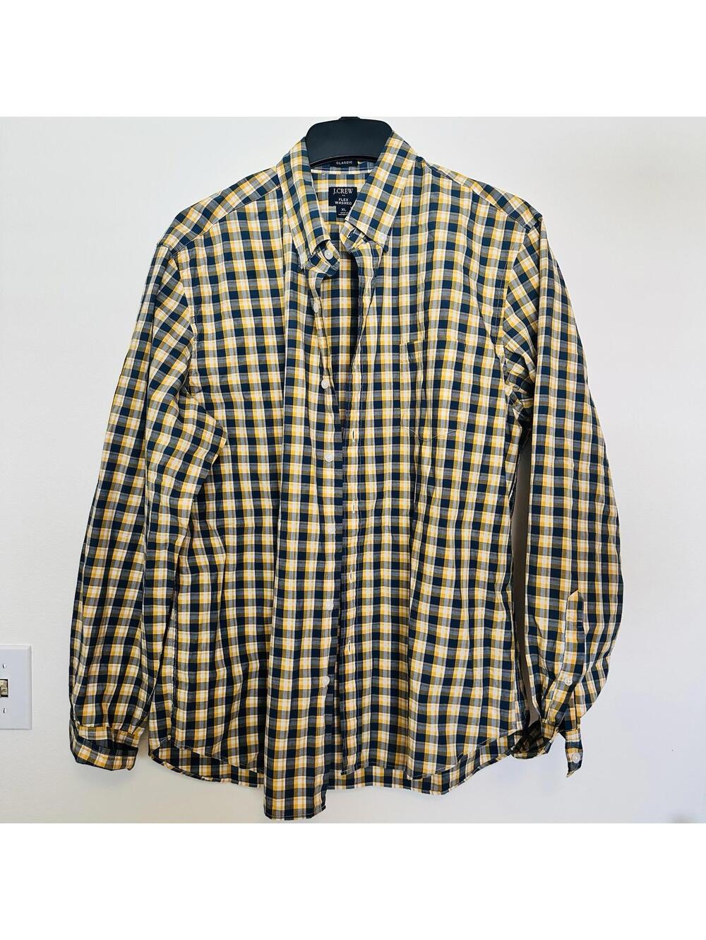 J Crew Shirt Mens Large Flex Washed Plaid Button Down Slim Fit Yellow Blue